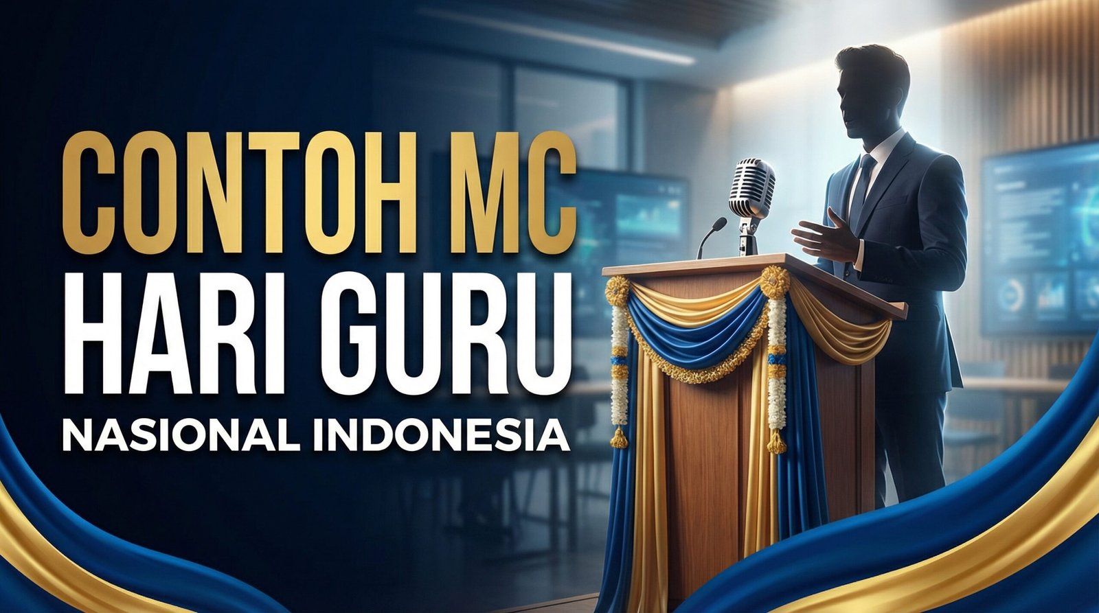 Buat thumbnail profesional bertema Hari Guru Nasional. Tampilkan podium dengan mikrofon, siluet MC sedang berbicara, latar belakang kelas modern, dan dekorasi elegan bernuansa biru–emas. Tambahkan teks besar dan tegas: ‘Contoh MC Hari Guru’. Gunakan gaya clean, modern, kontras tinggi, dan pencahayaan dramatis lembut. Komposisi rapi, mudah dibaca, dan mencerminkan suasana acara resmi.